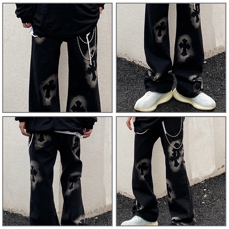 Quần jean dài AOKANG ống rộng phong cách đường phố Mỹ cá tính cho nam