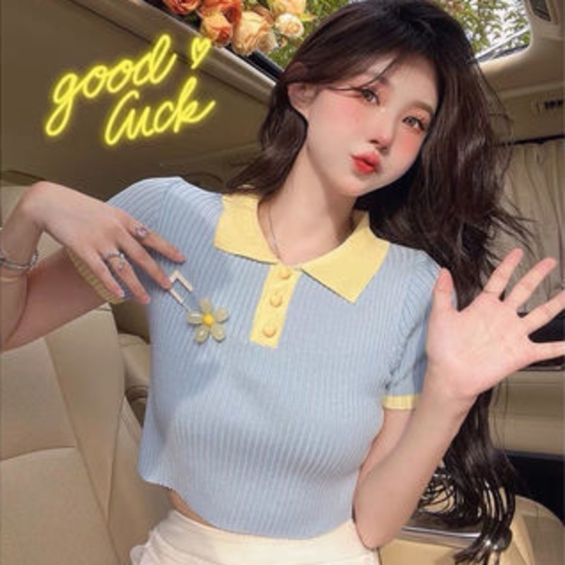 Áo polo Dệt Kim Tay Ngắn Màu Xanh Lá Thời Trang Mùa Hè Cho Nữ