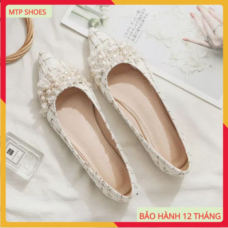 Giày bệt nữ ❤FREESHIP❤ giày búp bê nữ đế bằng mũi nhọn vải dạ đính ngọc dễ thương