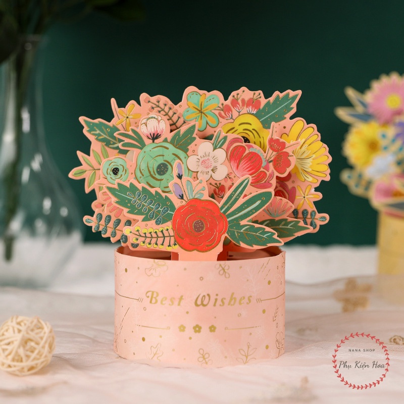 Thiệp 3D Hình Lẵng Hoa In Chữ BEST WISH Kèm Phong Bì, Quà Tặng 8/3 - 14/2 - Ngày lễ