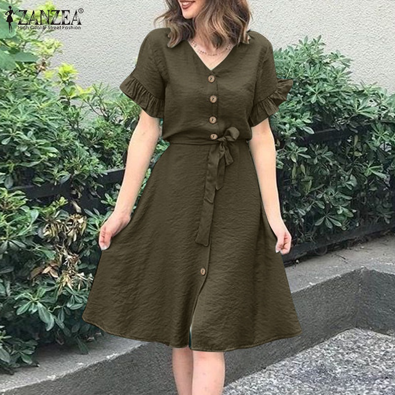 ZANZEA Đầm Tay Ngắn Cổ Chữ V Màu Trơn Cài Nút Thời Trang Cho Nữ