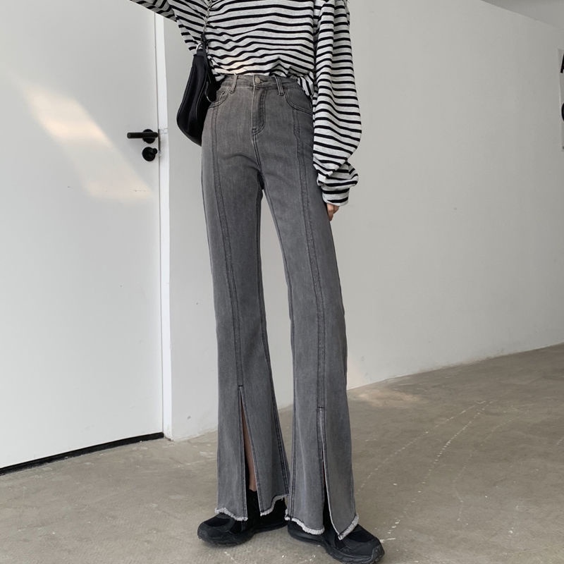 Quần jean ống rộng lưng cao xẻ tà thiết kế mới thời trang theo phong cách hàn quốc cho nữ