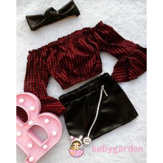 Set áo trễ vai + chân váy da hợp thời trang cho bé gái 