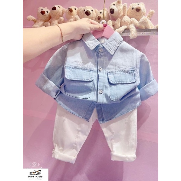 Bộ quần áo , set áo sơmi bò phối loang mix quần kaki rách nhẹ siêu đẹp cho bé 8-28kg