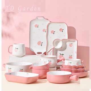 Bộ chén dĩa gốm sứ hồng đào cao cấp - td garden