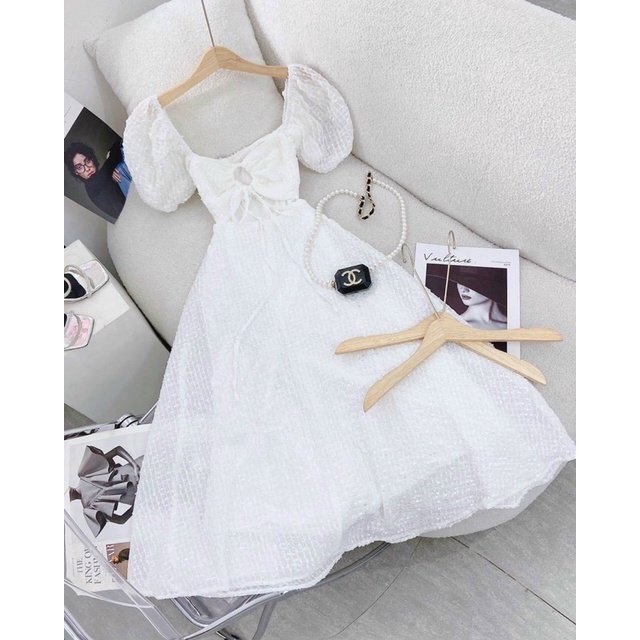 Đầm maxi voan bi cutout lưng cổ vuông tay phồng màu xanh/hồng NÀNG CLOSET