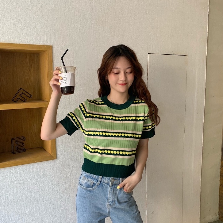 Porozi Áo  dệt kim tay ngắn cổ tròn phong cách Hàn Quốc trẻ trung cho nữ