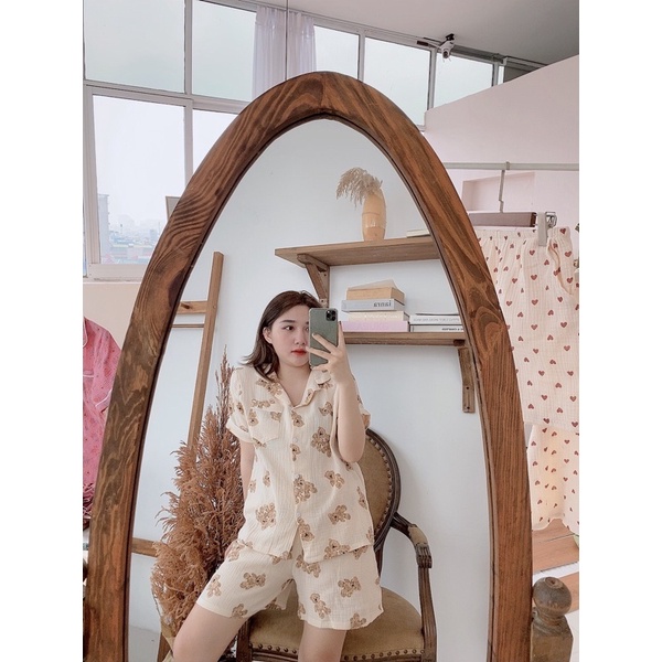 Bộ pijama mặc nhà chất xô muslin hoạ tiết dễ thương dành cho nữ bộ ngủ tay cộc quần cộc
