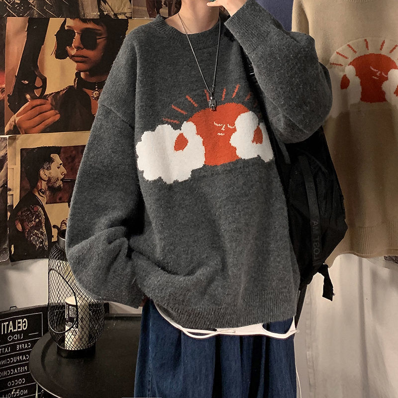 Áo Len Nam Korean Cartoon Lazy Loose Ins Round Neck Pullover Sweater