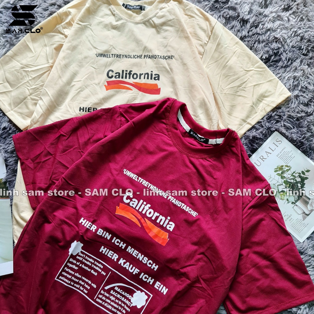 Áo thun nữ tay lỡ SAM CLO freesize phông form rộng dáng Unisex, mặc cặp, nhóm, lớp in chữ CALIFORNIA đỏ đô