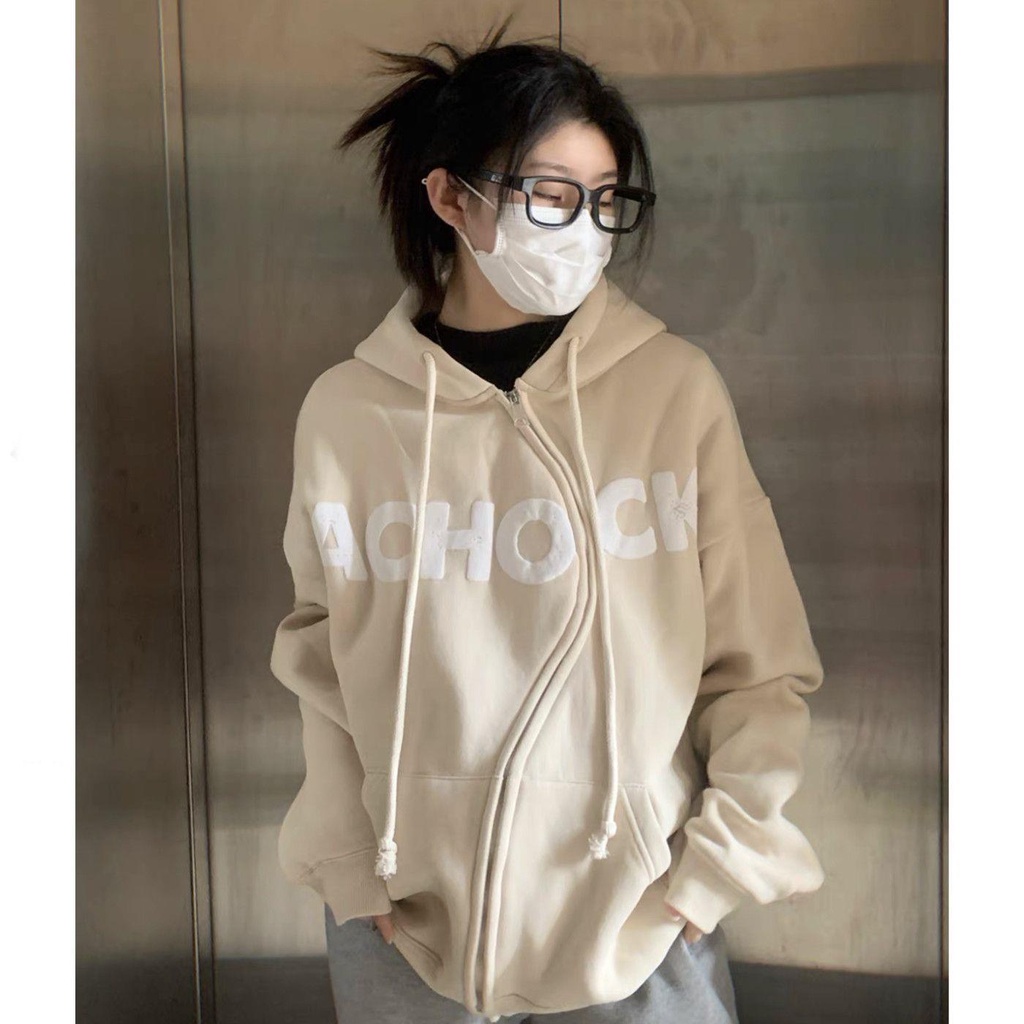 Áo Khoác Hoodie Có Khóa Kéo In Họa Tiết Xốp Phong Cách Harajuku Mới Cho Nữ