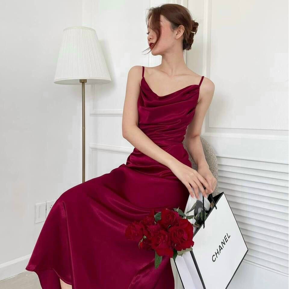Váy Đầm Nữ Dạ Hội Chất Lụa Màu Đỏ Sang Trọng,Tinh Tế