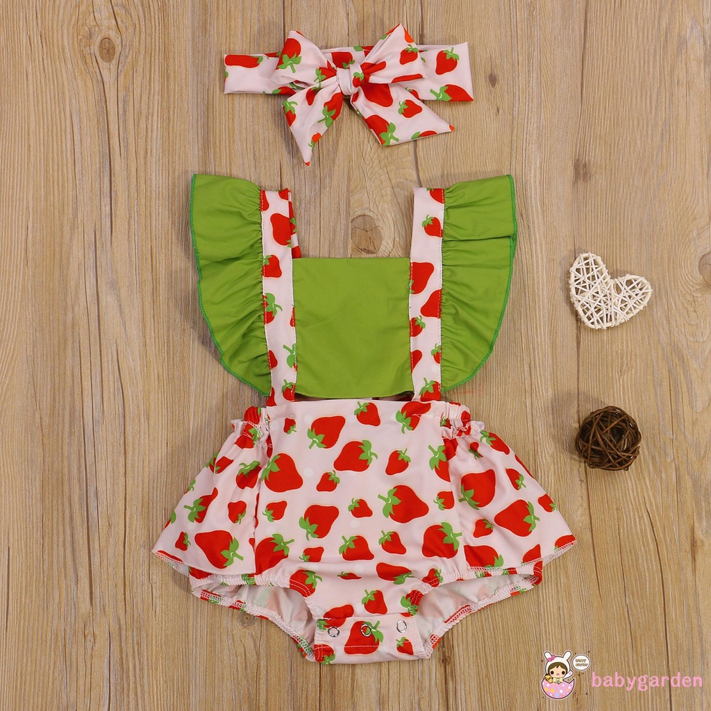 Set áo liền quần cổ vuông tay áo cánh tiên họa tiết quả bơ dễ thương và băng đô thắt nơ thời trang dành cho bé gái