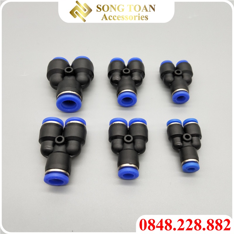 Nối Nhanh PY 1 Chạm & Chữ Y Chia 3 Hướng Cắm Đường Kính Ngoài Ống Phun Sương & Dây Hơi PU Khí Nén 6 8 10 12 16 mm