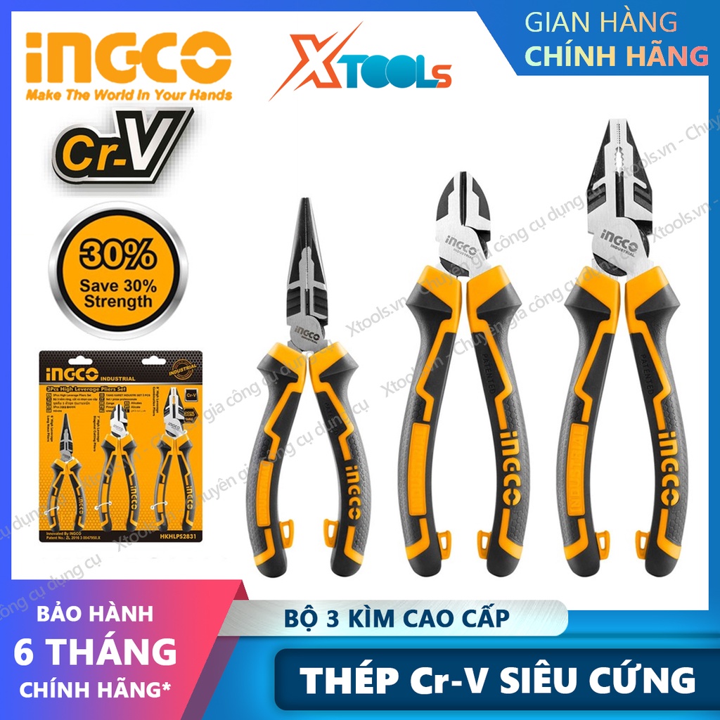 Bộ 3 kìm đa năng cao cấp cách điện INGCO - TOTAL Kềm cắt 7&quot; kềm răng điện 8&quot; kềm mũi nhọn 6&quot; thép CrV siêu bền cứng