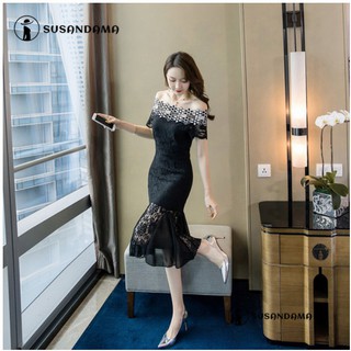 Đầm ren đen trễ vai thanh lịch cho nữ