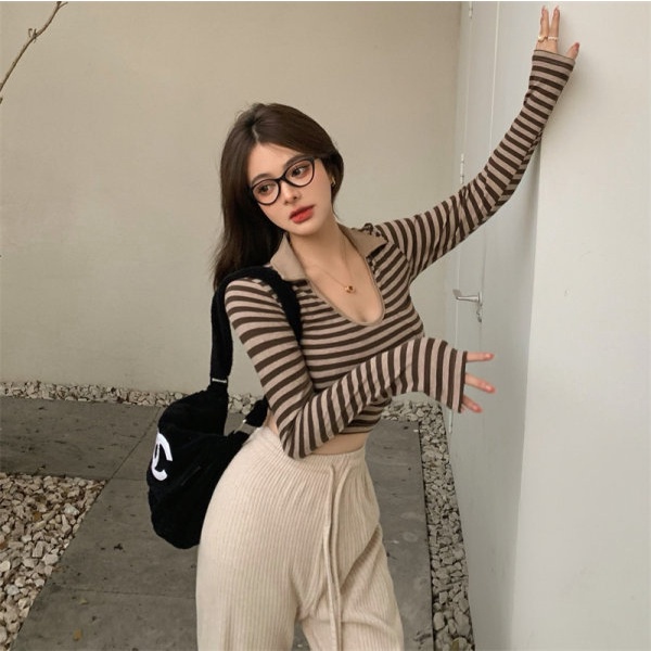 QKOOLE  Áo thun ôm dáng tay dài họa tiết kẻ sọc phong cách Hàn Quốc thời trang dành cho nữ