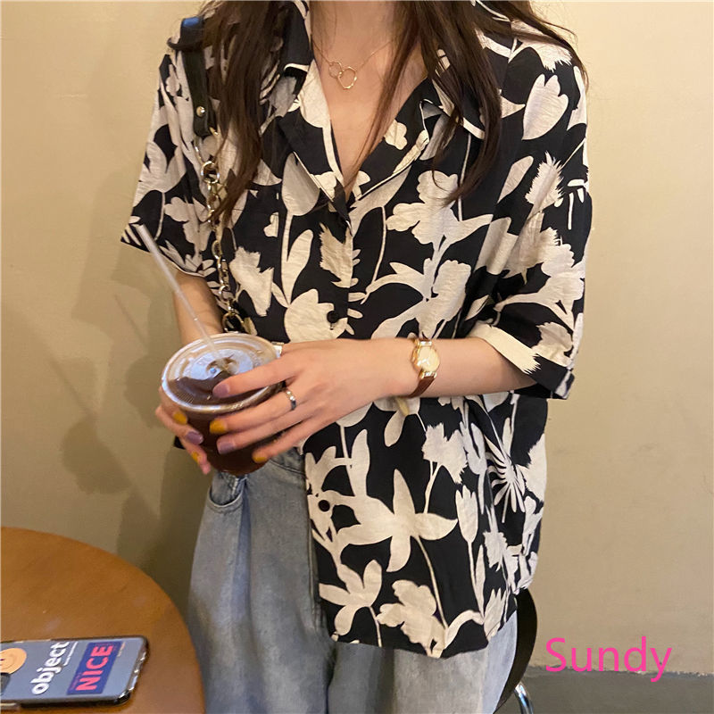 Áo sơ mi ngắn tay in hoa dáng rộng phong cách retro thời trang mùa hè cho nữ