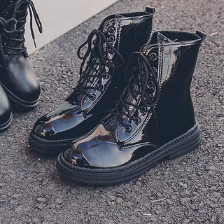 Giày bốt military ZARA xuất xịn cổ cao da bóng màu đen lót lông cột dây 2cm size 37