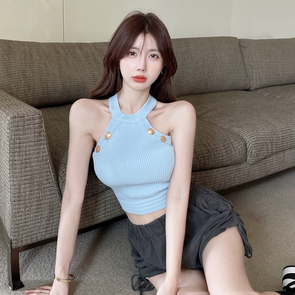 622190#Áo Hai Dây Dệt Kim Mỏng Dáng Ôm Thời Trang Mùa Hè Quyến Rũ Cho Nữ