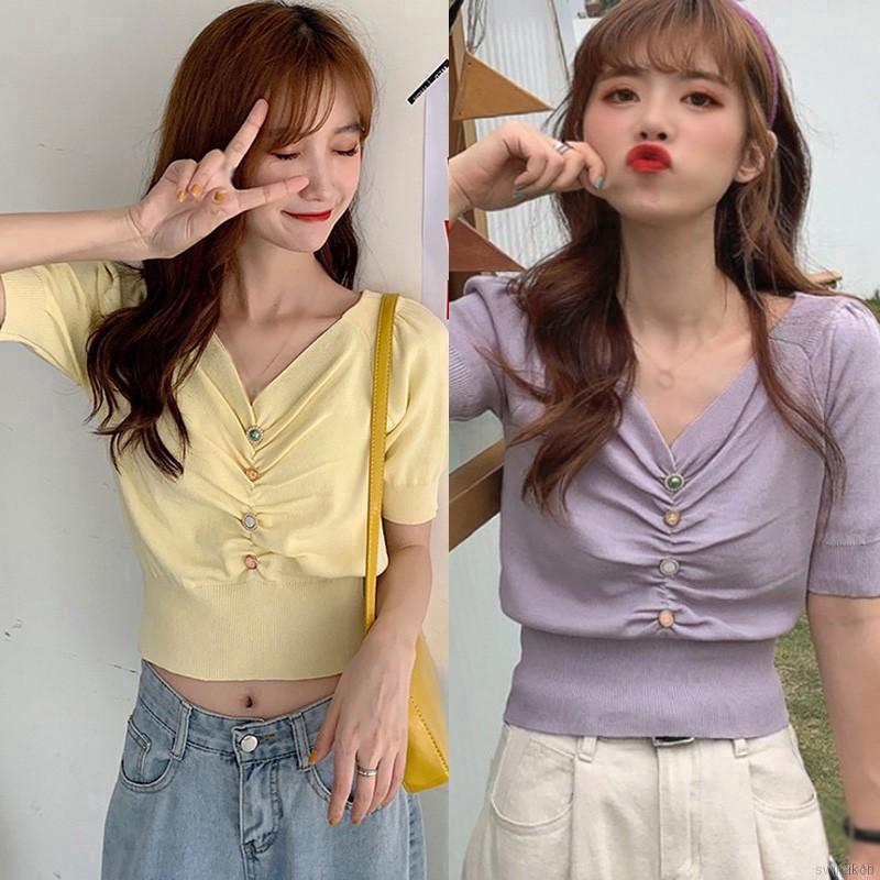 Áo Croptop Dệt Kim Tay Phồng Thiết Kế Cổ Chữ V Quyến Rũ