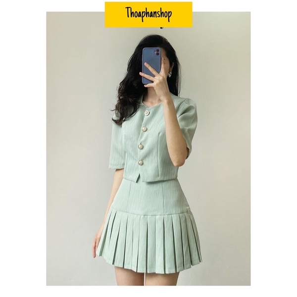 SET ÁO DẠ CROPTOP + CHÂN VÁY XANH XẾP LI [kèm ảnh thật ]