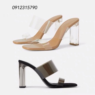 Guốc cao gót phối quai nhựa trong Zara. Ảnh thật