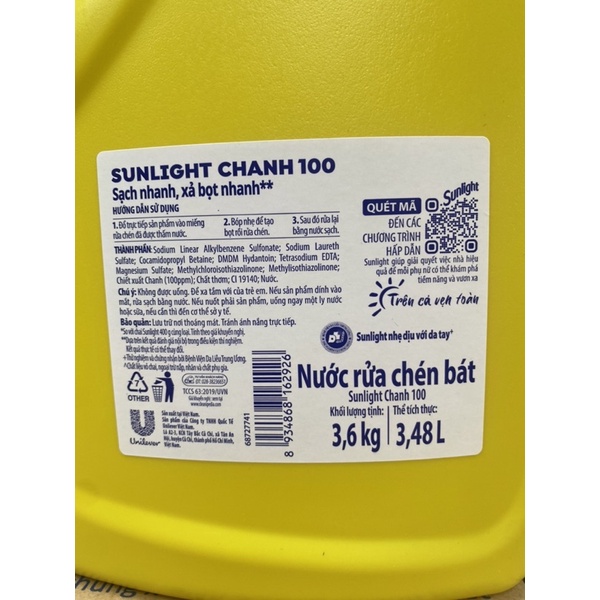 Nước Rửa Chén Sunlight Chanh Can 3,6kg