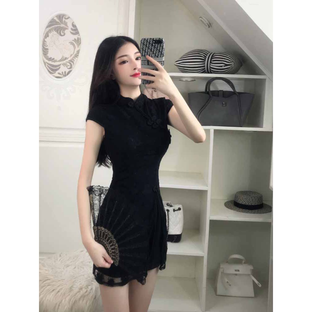 Sườn xám ngắn hoa phối renôm body quyến rũ ẢNH THẬT CUỐI J0125 | BigBuy360 - bigbuy360.vn