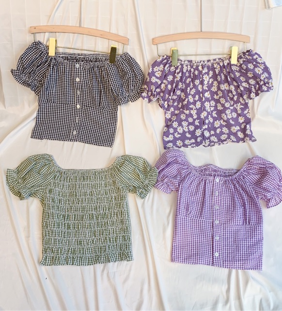 Áo Croptop Caro Cổ Vuông Tay Bồng