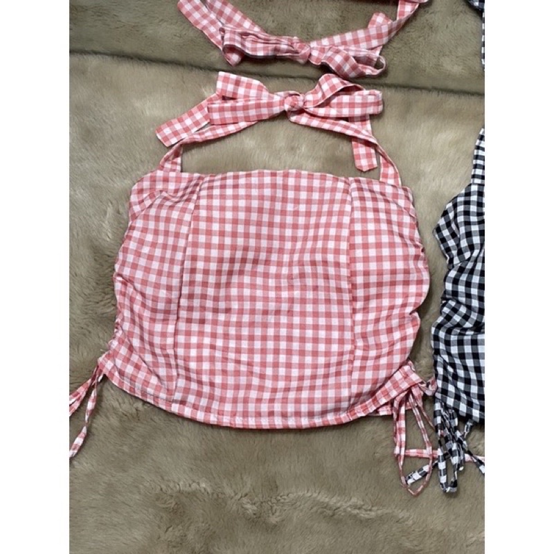 [Mã FAMARAL2 giảm 10K đơn 50K] Áo croptop nữ kiểu cột nơ rút dây ca rô siêu hót (có mút ngực) | BigBuy360 - bigbuy360.vn