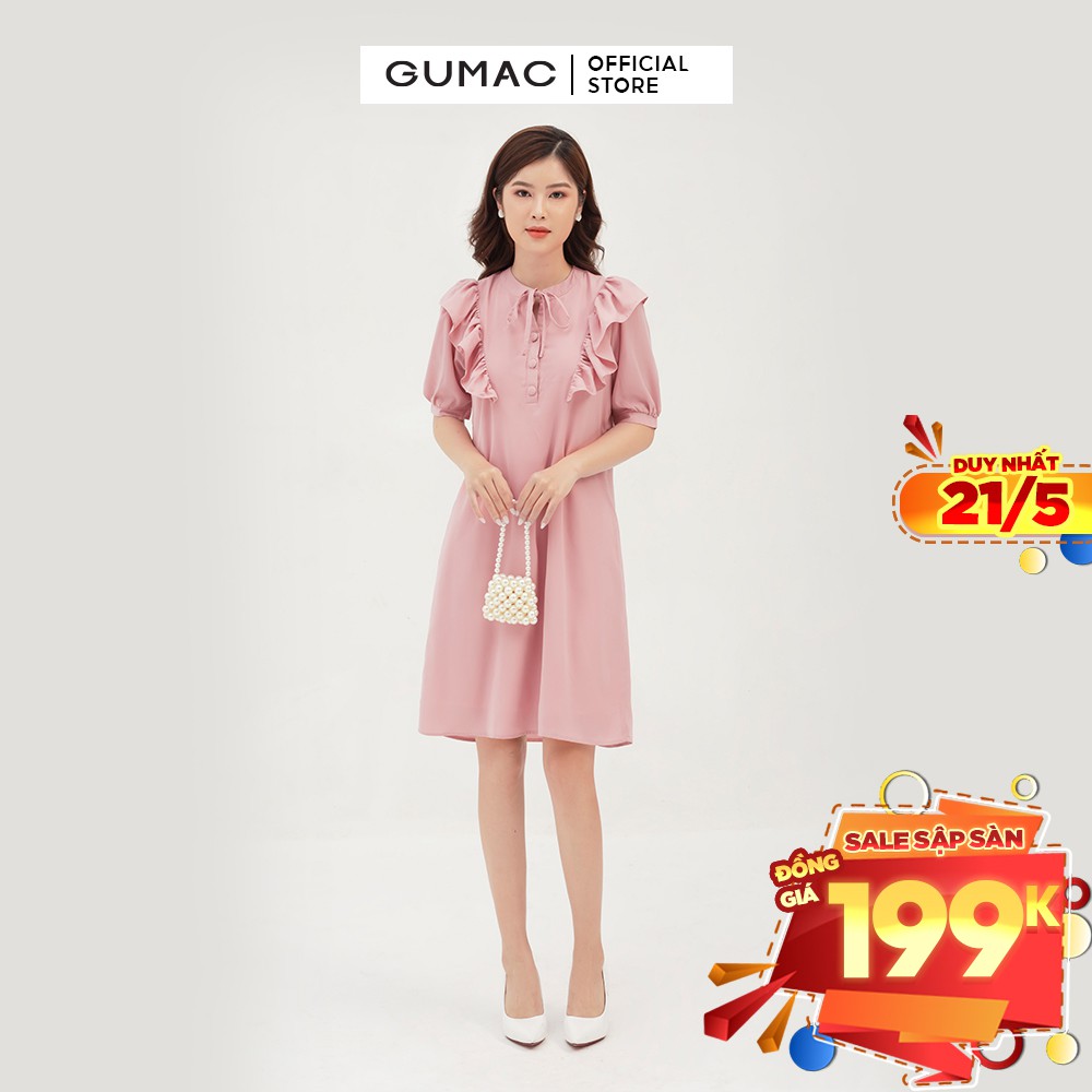 Đầm suông nữ phối bèo vai GUMAC thiết kế dễ thương, xinh xắn màu hồng DB308