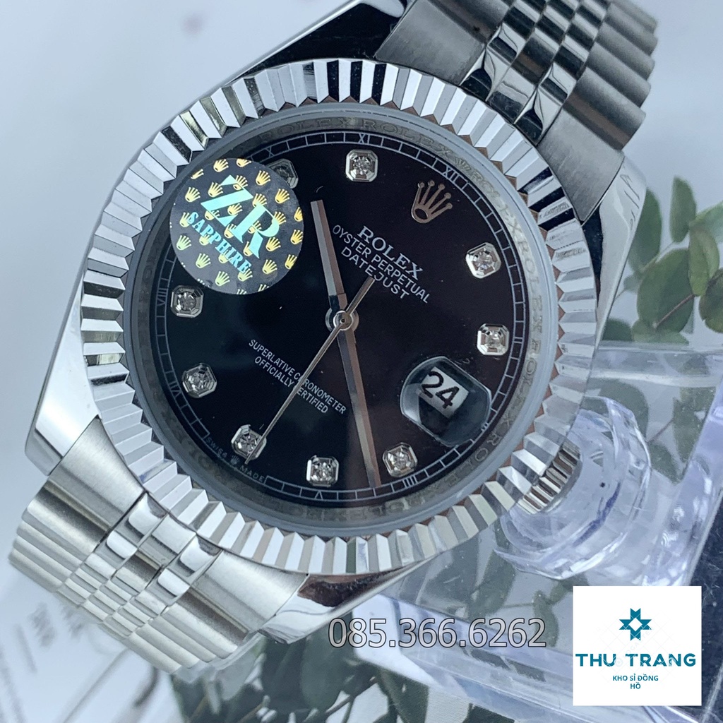 Đồng hồ nam Rolex cơ Automatic máy nhật mẫu đen dây thép trắng viền trơn size 39-40mm