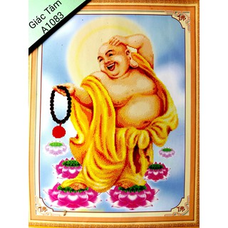 Tranh  PHẬT DI LẶC - 49x64cm - A1083 - DI LẠC BỒ TÁT XÂU CHUỖI BỒ ĐỀ BÔNG HOA SEN - tranh đã lên khung