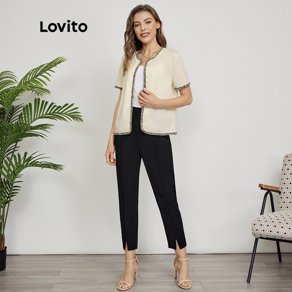 Lovito Áo khoác ngọc trai giả trai trơn tương phản thanh lịch L24ED068 (Trắng nhạt)