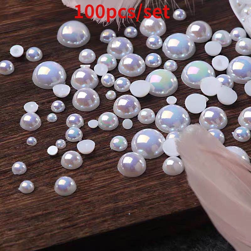 Set 100 Hạt Ngọc Trai Giả 3-8MM Màu Trắng / Hồng Trang Trí Móng Nghệ Thuật