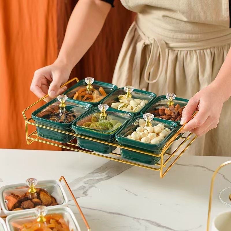 HÀNG CÓ SĂN HÀNG CÓ SẴN Khay mứt tết, khay đựng hoa quả khô,bánh kẹo,khay mứt sứ khung inox GỐM SỨ CAO CẤP