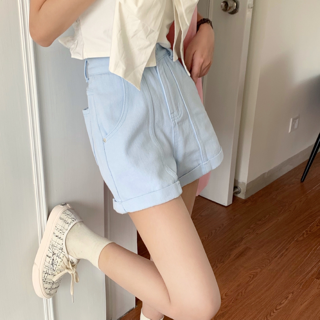 Quần Short Denim Lưng Cao Ống Rộng Màu Sắc Ngọt Ngào Kiểu Dáng Đơn Giản Trẻ Trung | BigBuy360 - bigbuy360.vn