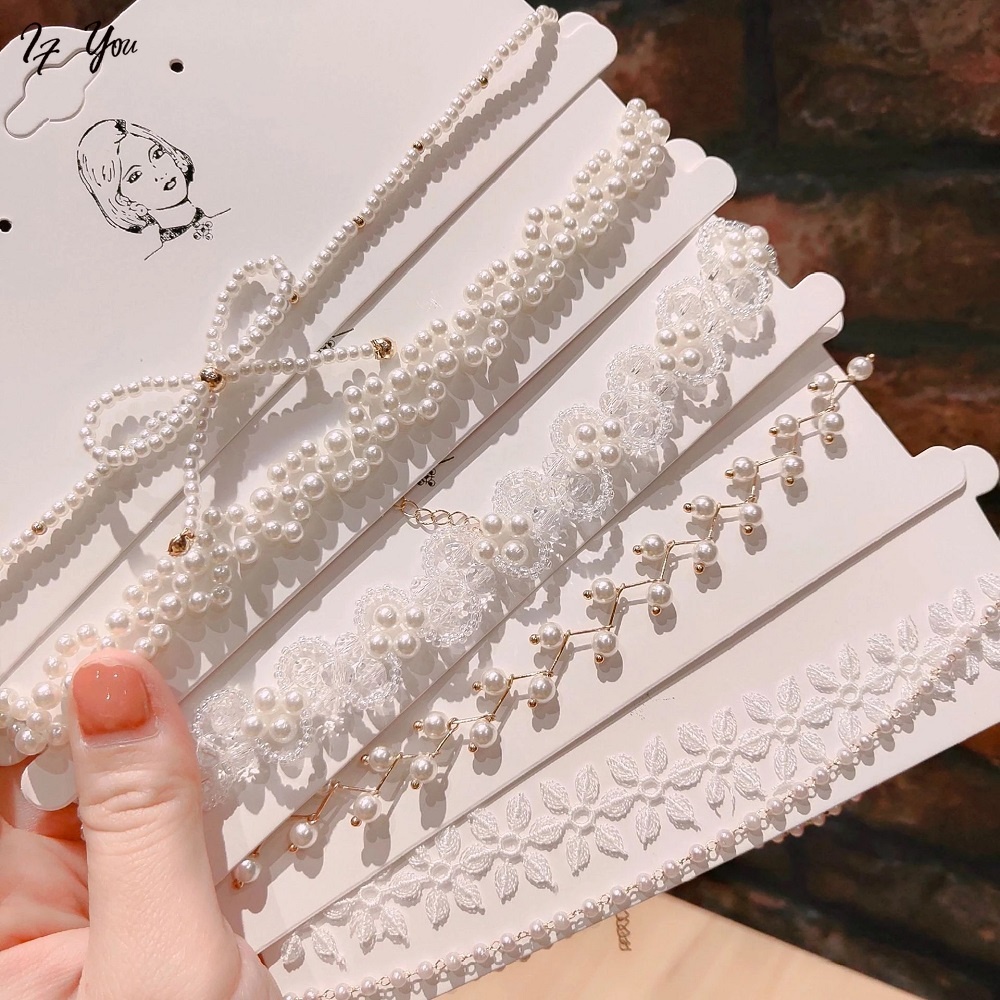 Vòng cổ choker ngắn nhiều lớp xỏ hạt ngọc trai giả/hạt cườm/mặt hình hoa thời trang Hàn Quốc xinh xắn cho nữ