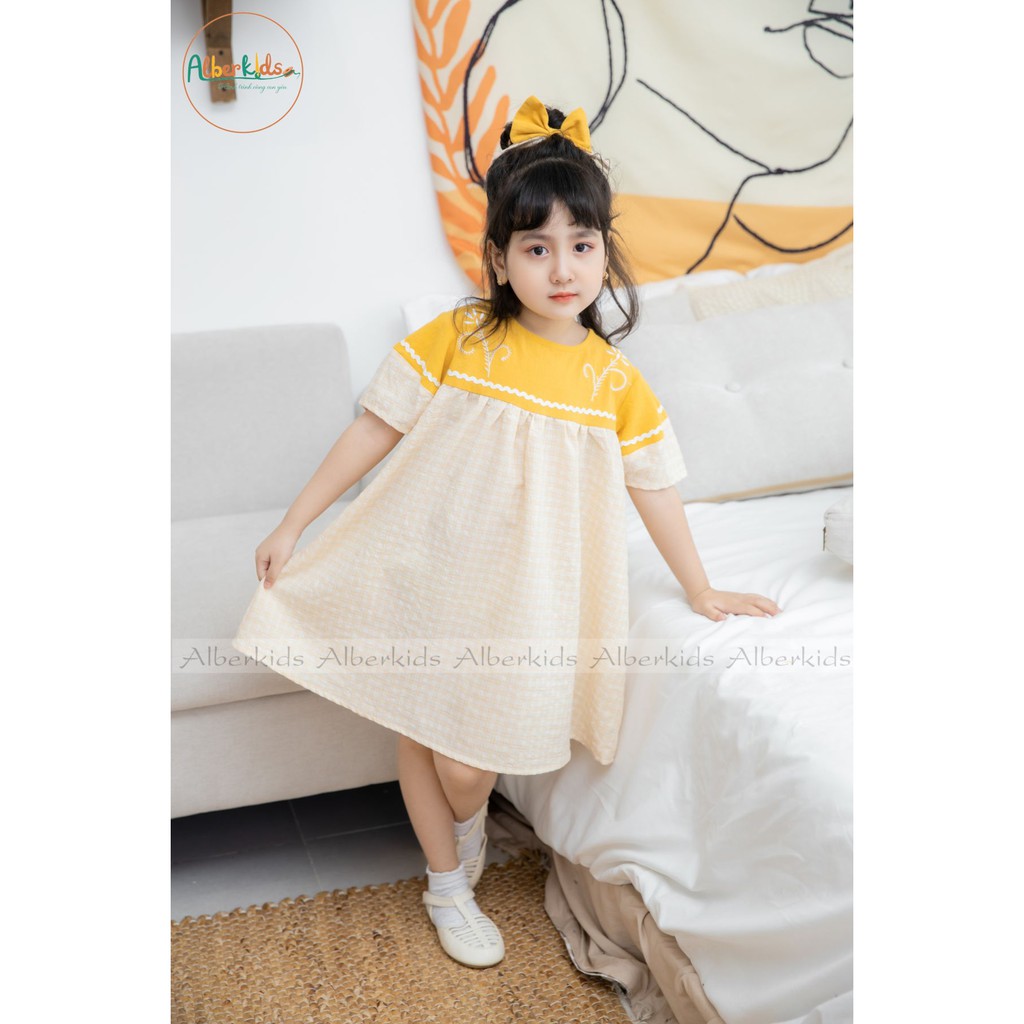 Váy cho bé gái ALBER KIDS thêu họa tiết phối kẻ vàng QUEEN DRESS xinh đẹp cho trẻ em từ 2 đến 14 tuổi [V08]