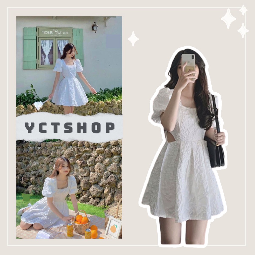 Váy khoét eo tay bồng điệu đà Đầm nữ dáng xòe cổ vuông chất xốp lên dáng siêu xinh YCTSHOP 001142