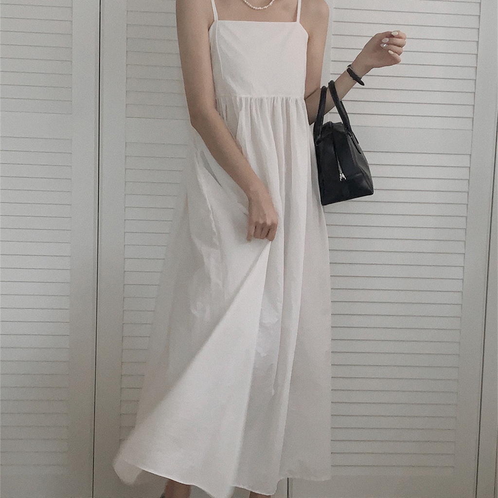 SUXI Korean Style All-match Slim Fit Solid Color Sleeveless Sweet Suspender Dress