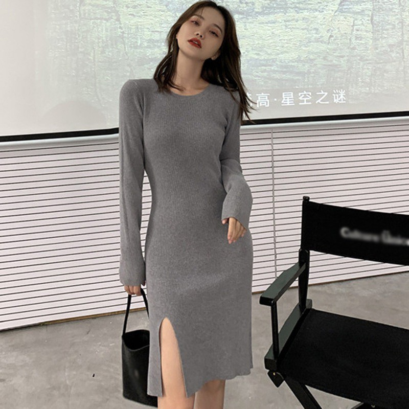 Đầm Tay Dài Cổ Tròn Dáng Ôm Xẻ Tà Quyến Rũ Dành Cho Nữ