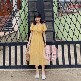 [Ảnh thật] Đầm midi hoa vàng cổ vuông nút bọc vintage