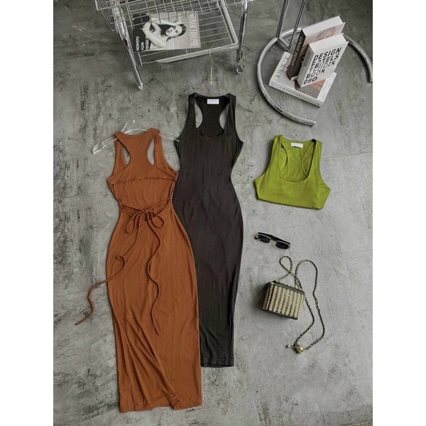 Đầm maxxi ba lỗ khoét lưng thắt dây