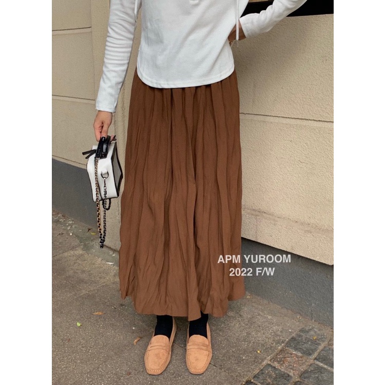 Chân váy midi SUXI lưng cao xếp ly thời trang mùa thu phong cách Hàn Quốc dành cho nữ