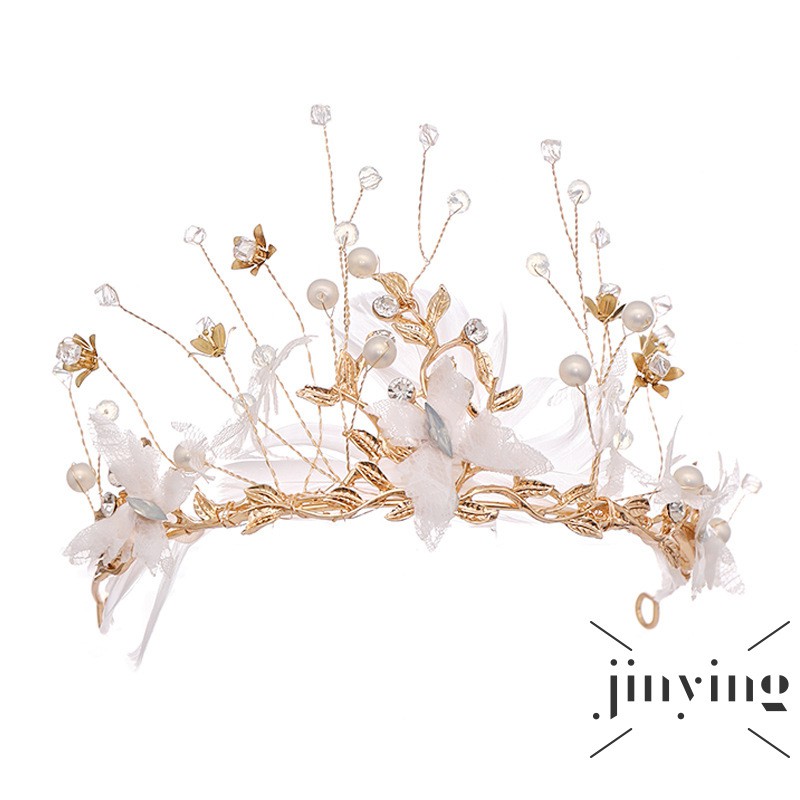 GETNOIVAS Vương miện cài tóc đính lông vũ và ngọc trai handmade dành cho cô dâu trong tiệc cưới