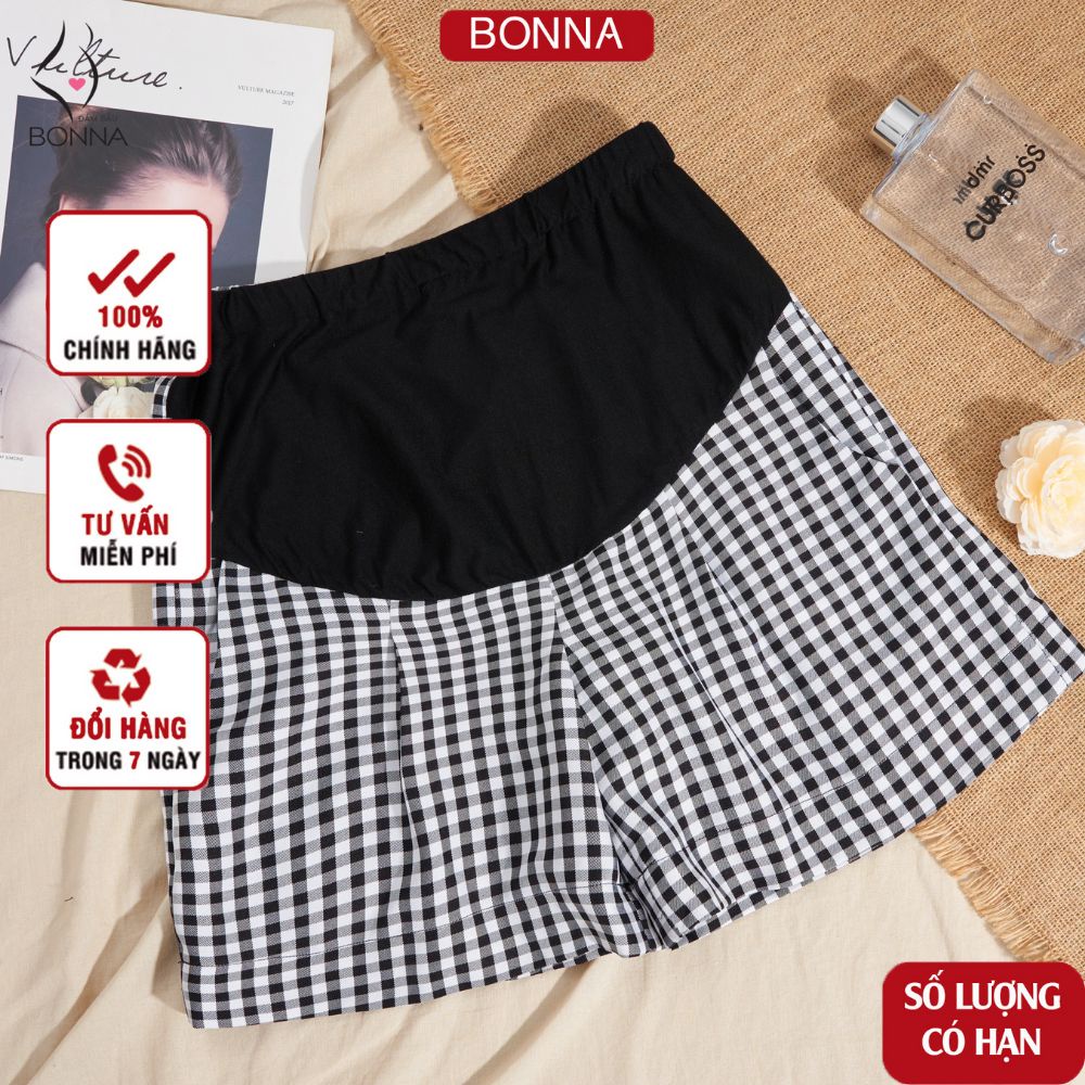 Quần bầu BONNA dáng ngắn chất đũi cao cấp, cạp quần có chun cúc điều chỉnh, họa tiết kẻ caro trẻ trung QS005