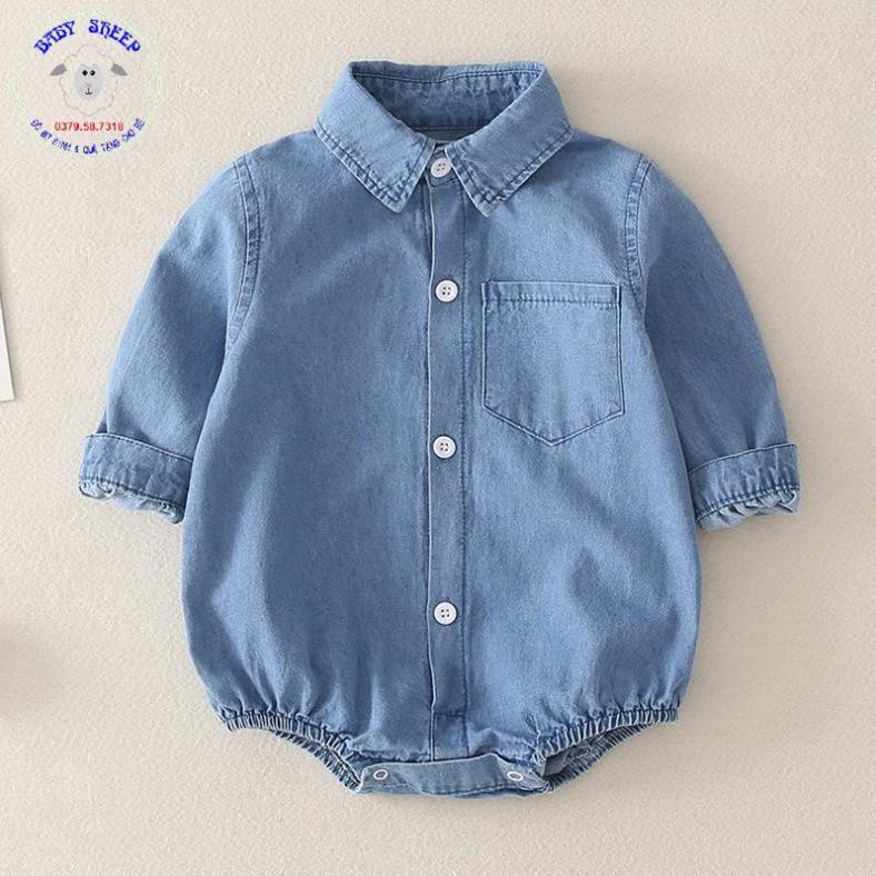 Set jumpsuit tay dài chất liệu denim màu trơn cho bé 0-18 tháng tuổi