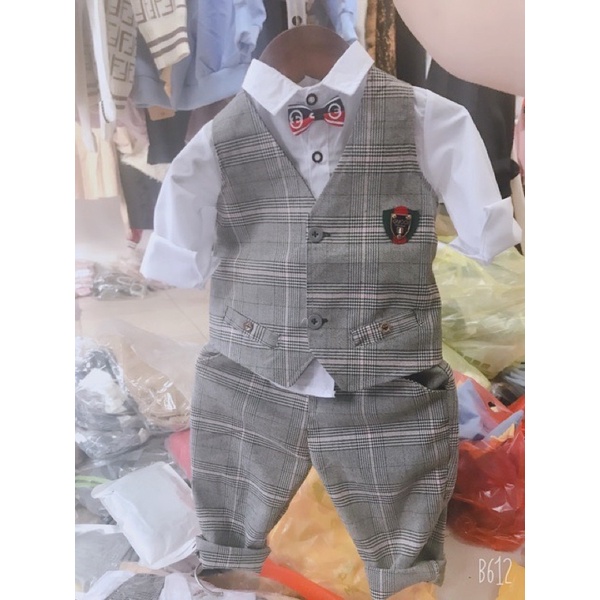 Set comle kẻ caro công tử cho bé trai 9-18kg